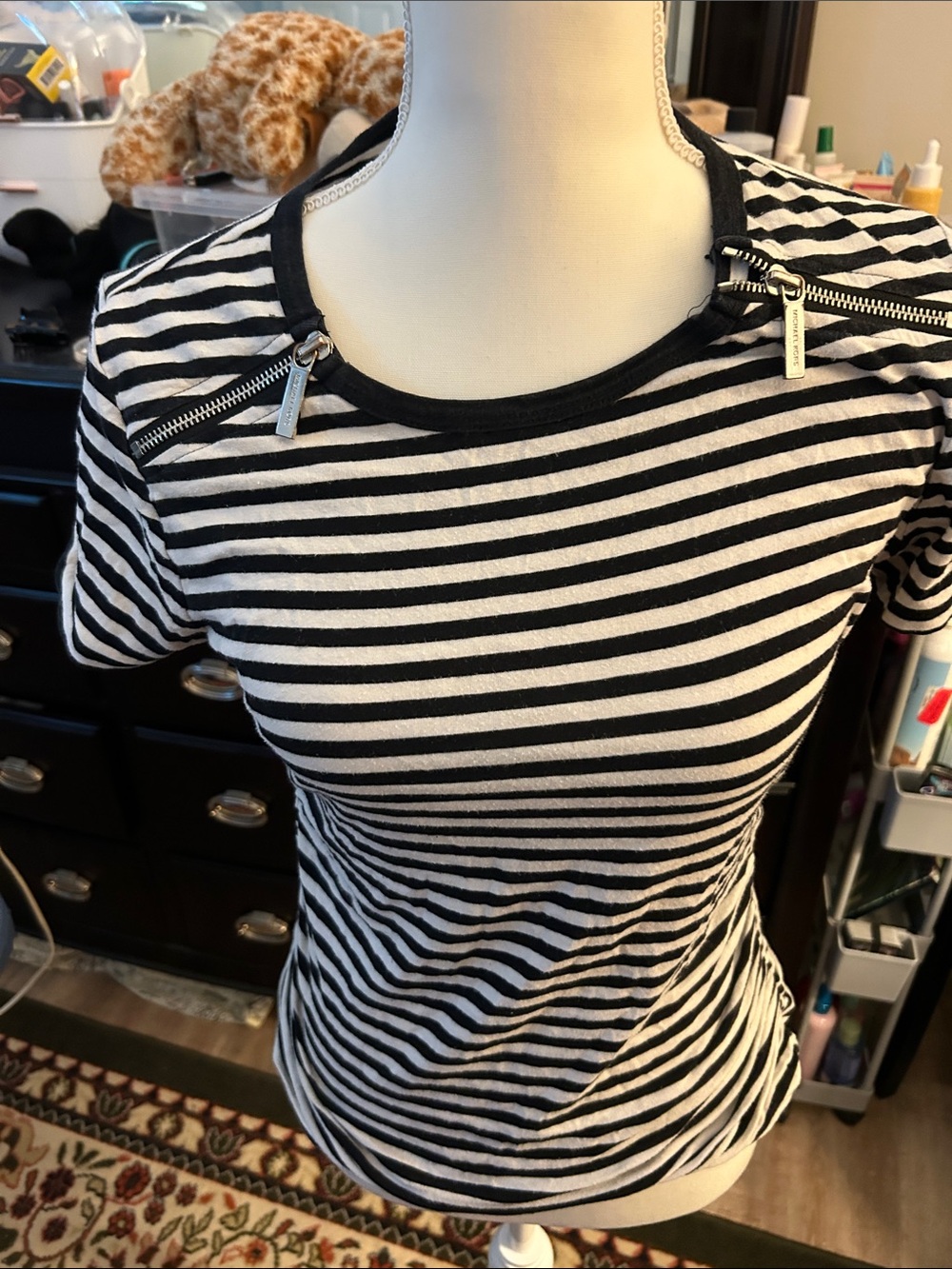 Michael Kors Black & White Striped Zip-Shoulder Tee